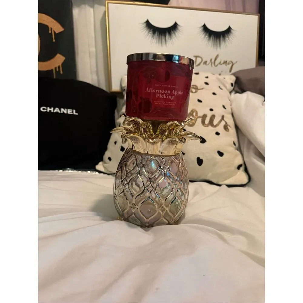 Bath & body works chalice pedastal candle holder pineapple fruit gold glass - Picture 4 of 10